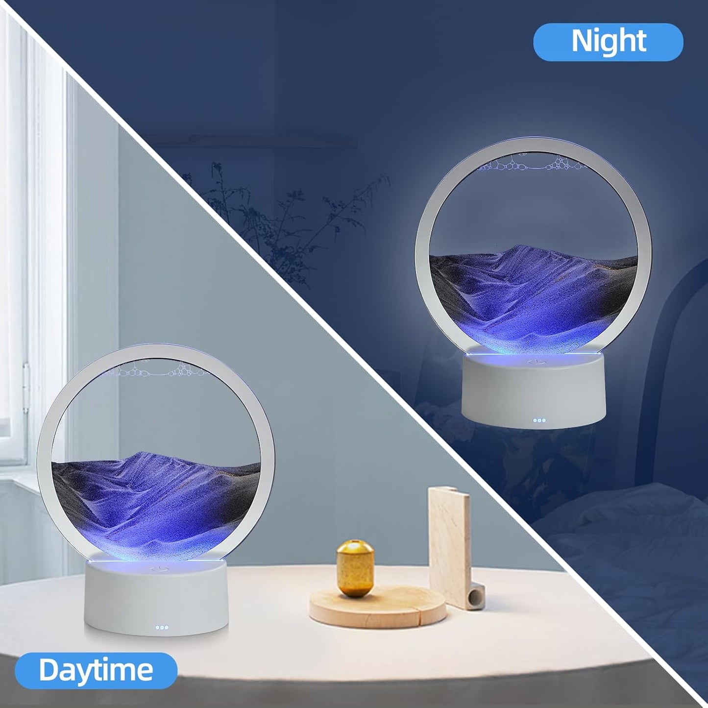 KPNUWN Moving Sand Art Liquid Motion, 3D Deep Sea Sandscape Color Quicksand Decor, Round Glass