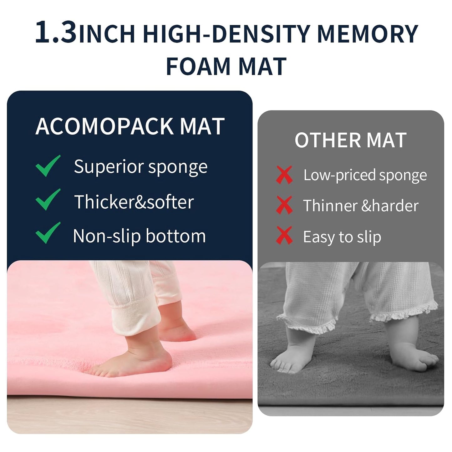 ACOMOPACK Baby Play Mat for Floor 1.3" Thick Memory Foam 50x50 Soft Velvet Playpen Mat for