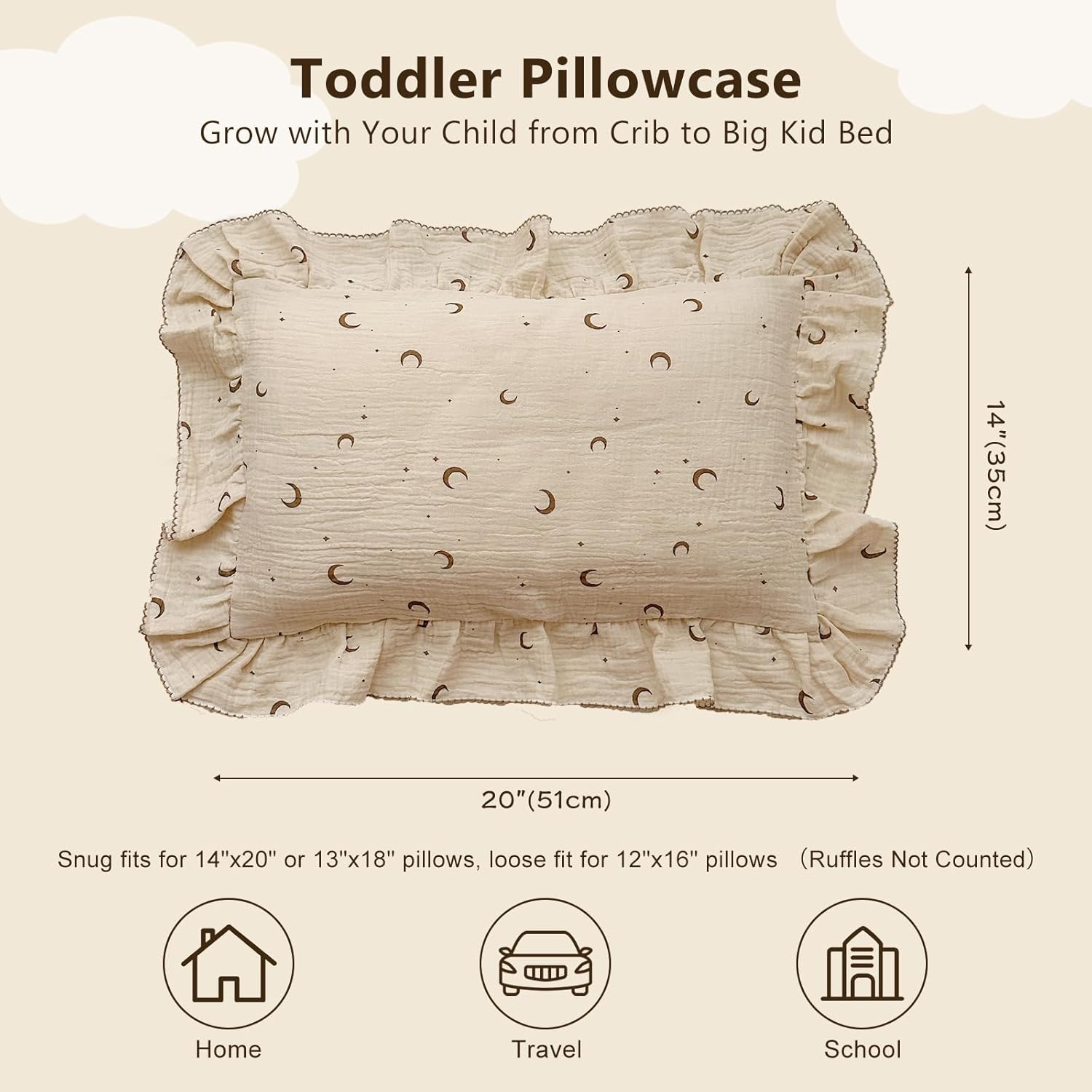 BuLuTu Muslin Toddler Pillowcases Girls Boys,Soft Breathable Cotton Kids Pillow Cover, Moon Star