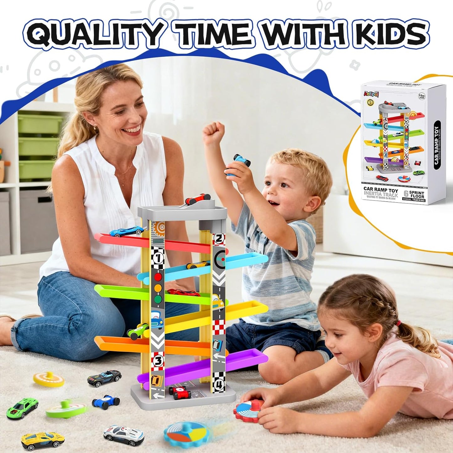 3-in-1 Toddler Car Ramp Toy – Racing, Spinning & Learning Play (Ages 2–4)