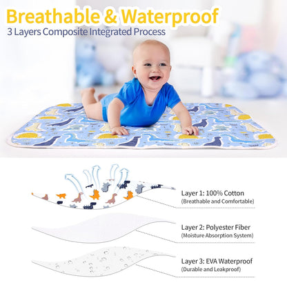 2Pcs Diaper Changing Pads for Baby, Dinosaur Change Mat, 3Layers Waterproof Change Pad Foldable