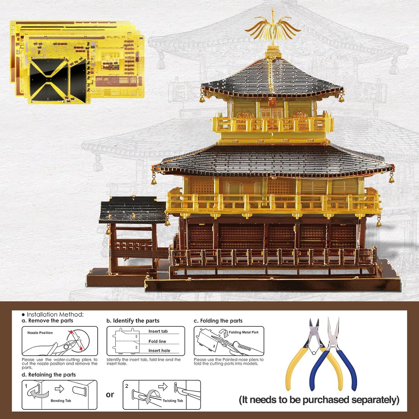 Piececool 3D Metal Model Kits for Adults, Kinkaku-ji Golden Pavilion Model Building Kits