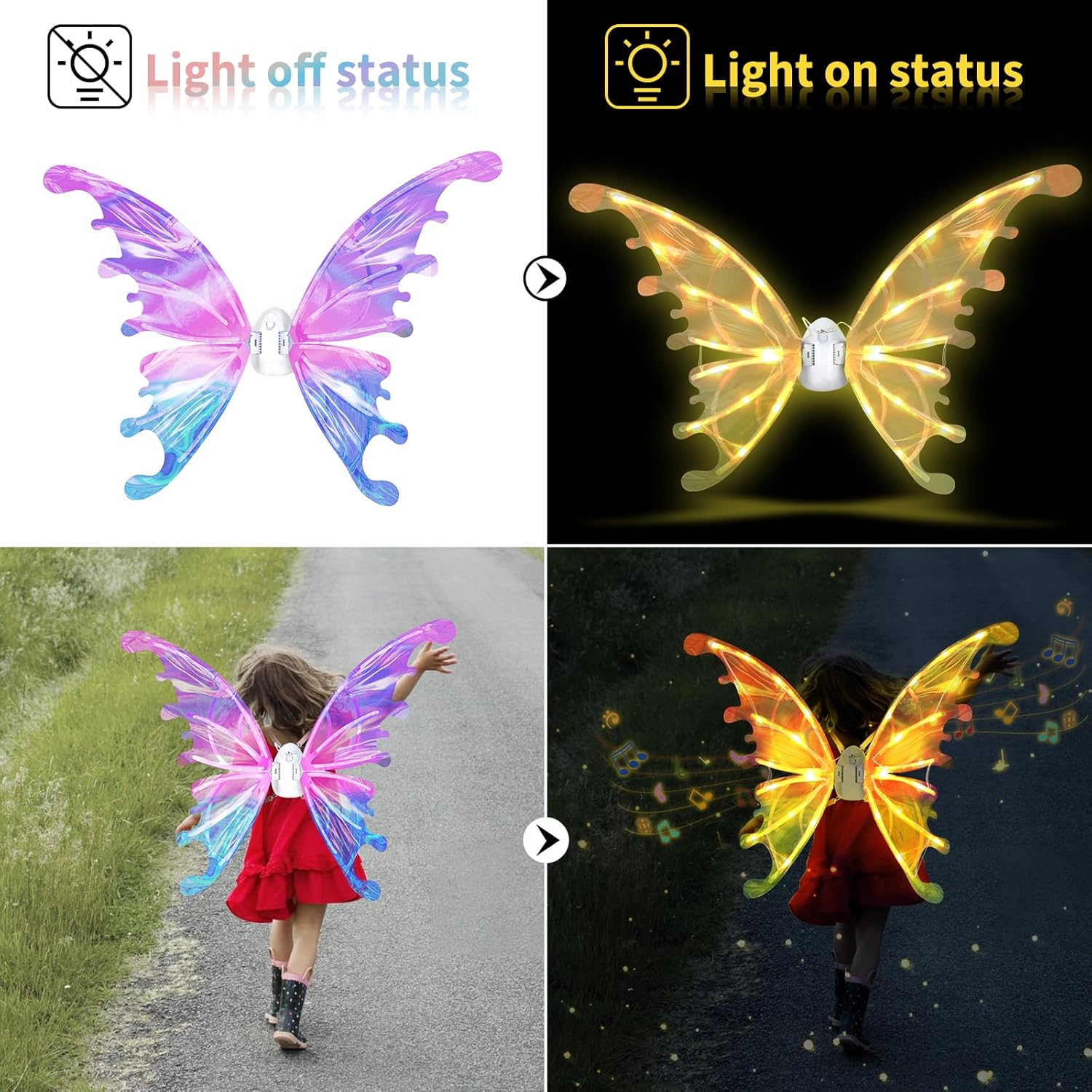 Electric Fairy Wings for Girls, Light Up Moving Butterfly Wings with LED Lights and Music, Toy for