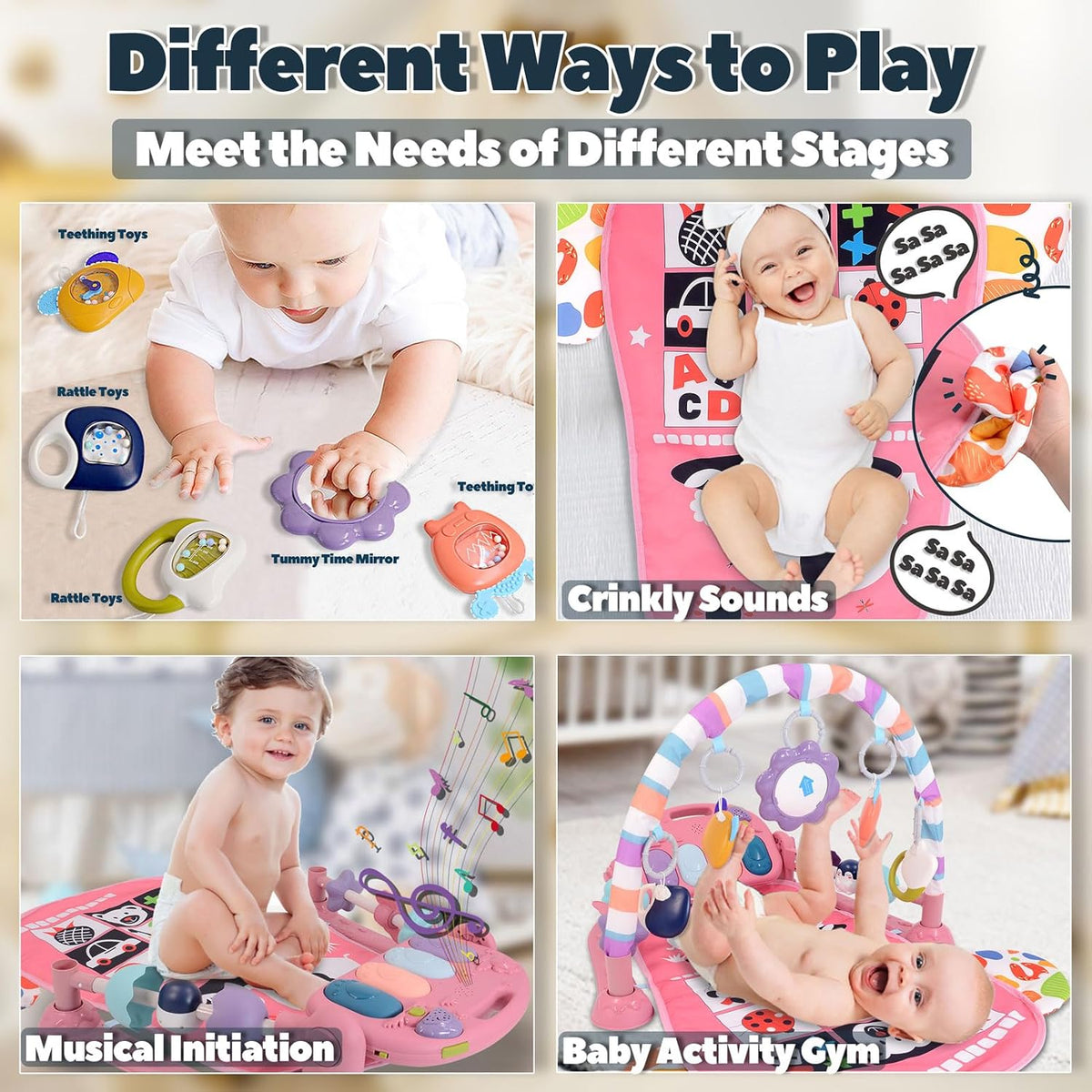 Baby Play Gym for 0-6 Months, High Contrast Tummy Time Mat, Kick and Play Piano, Music and Lights