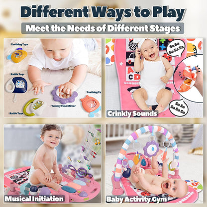 Baby Play Gym for 0-6 Months, High Contrast Tummy Time Mat, Kick and Play Piano, Music and Lights