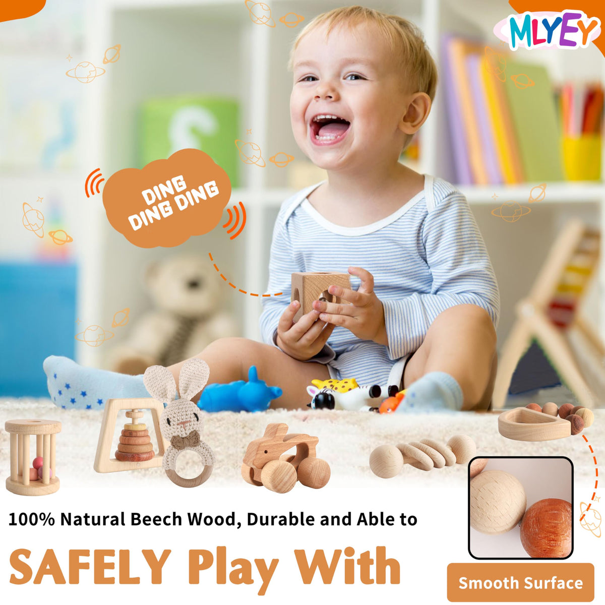 Wooden Toys for Babies, 7PCS Wooden Baby Rattle for 7-24 Months Boys Girls, Natural Wood Montessori