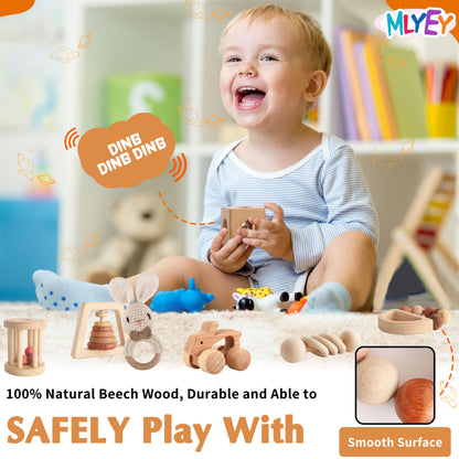 Wooden Toys for Babies, 7PCS Wooden Baby Rattle for 7-24 Months Boys Girls, Natural Wood Montessori