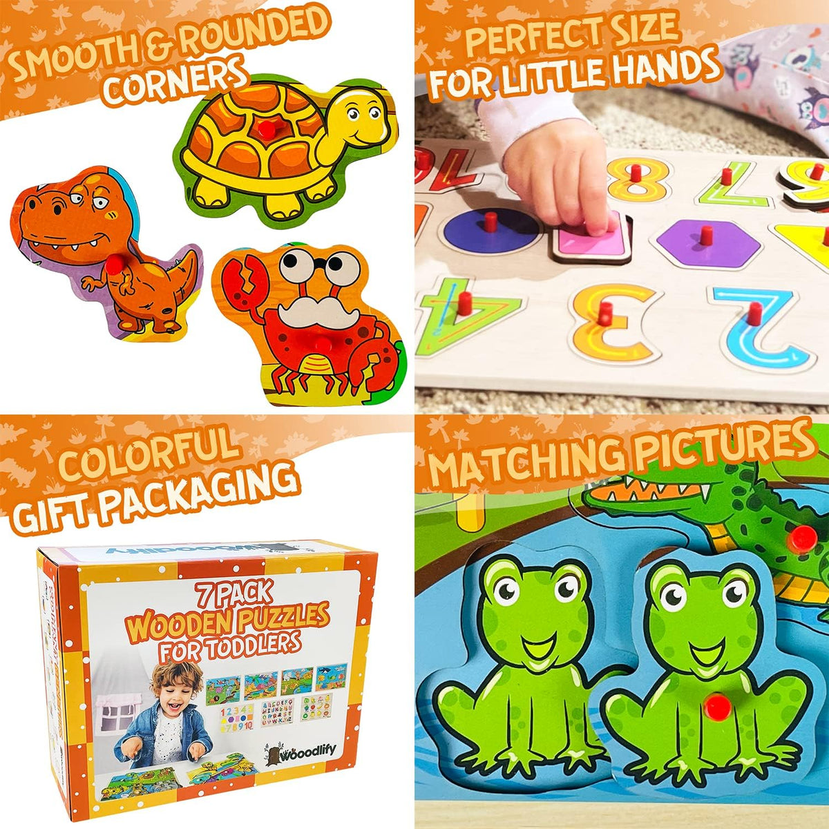 7 Pack Wooden Puzzles for Toddlers 2 3 4 5 Years Old - 7 Colorful Chunky Wood Peg Puzzles for Kids