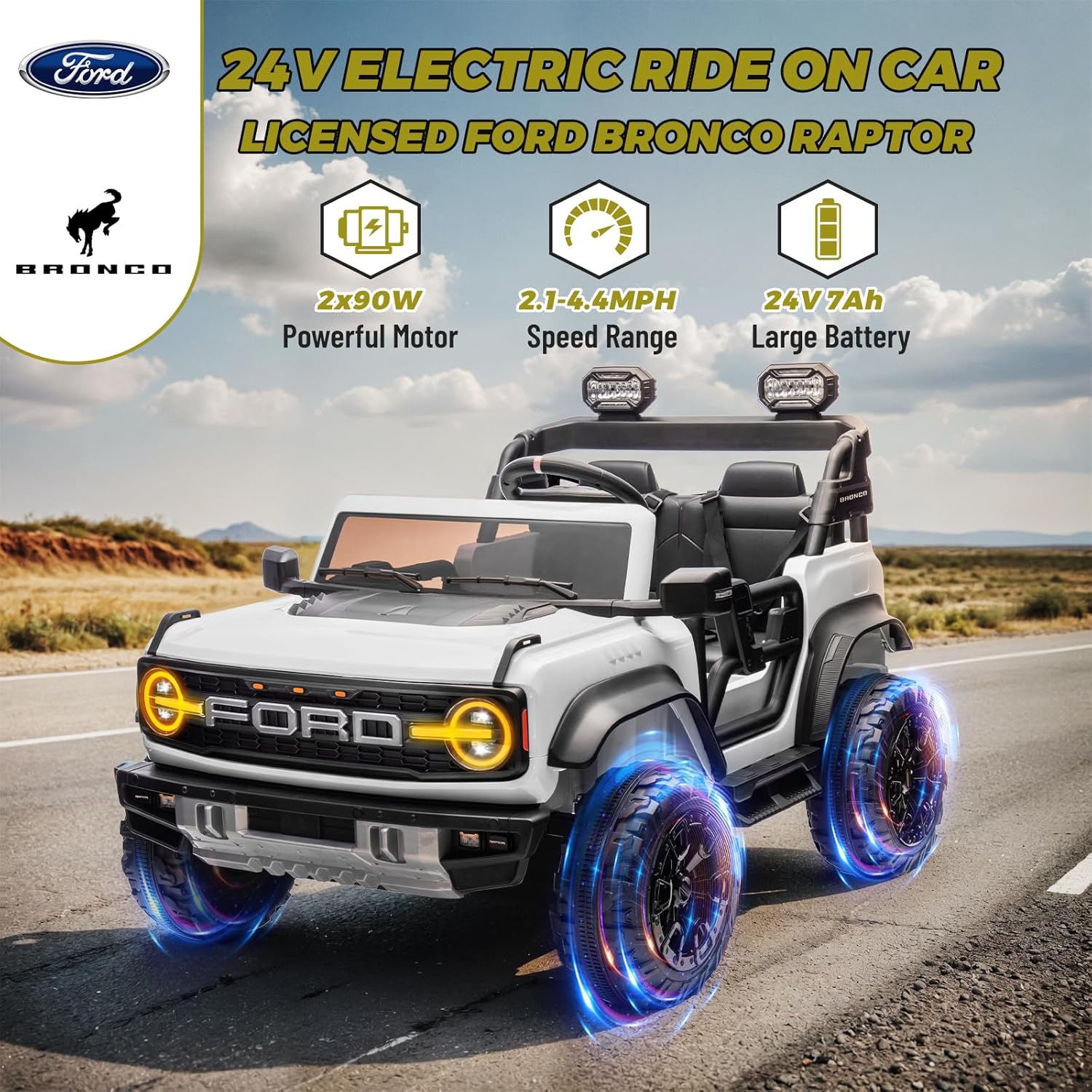 ENYOPRO 24V Ride On Toys for Big Kids, Licensed Ford Bronco Raptor 2-Seater Electric Car w/Remote
