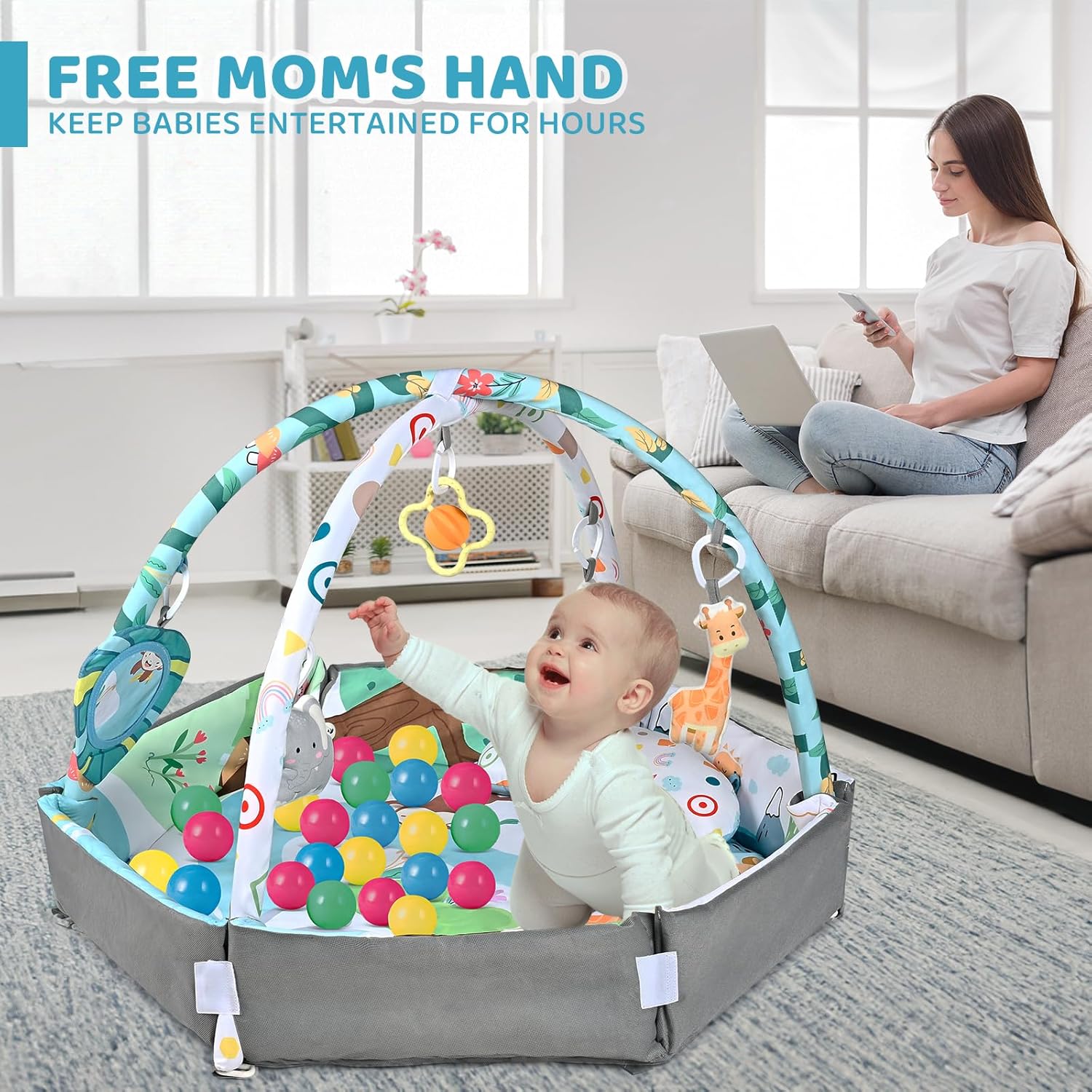 Baby Gym Play Mat, 8-in-1 Tummy Time Mat & Ball Pit with 6 Toys, Washable Baby Activity Play Mat