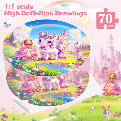 Floor Puzzles for Kids Ages 4-6, 70 Pieces Large Round Unicorn Princess Floor Puzzle Unicorn Jigsaw