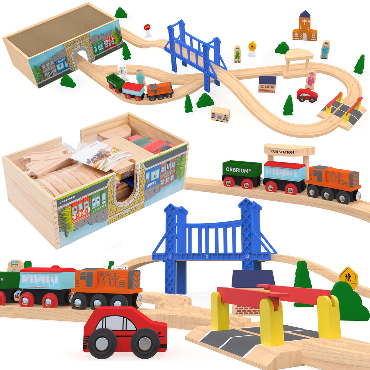 Orbrium Toys 52 Pcs Deluxe Wooden Train Set with 3 Destinations Fits Thomas, Brio, Chuggington