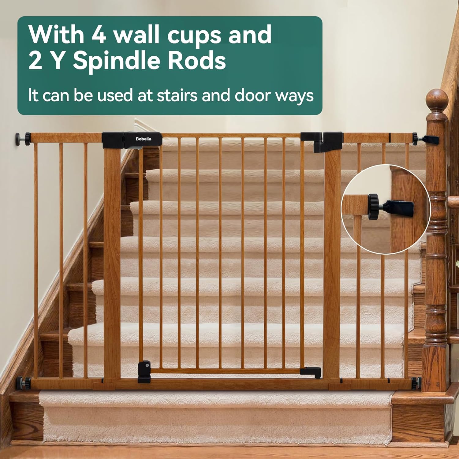 BABELIO 29-48" Metal Baby Gate with Brown Wood Pattern, Auto Close Dog Gate for The House, Stairs
