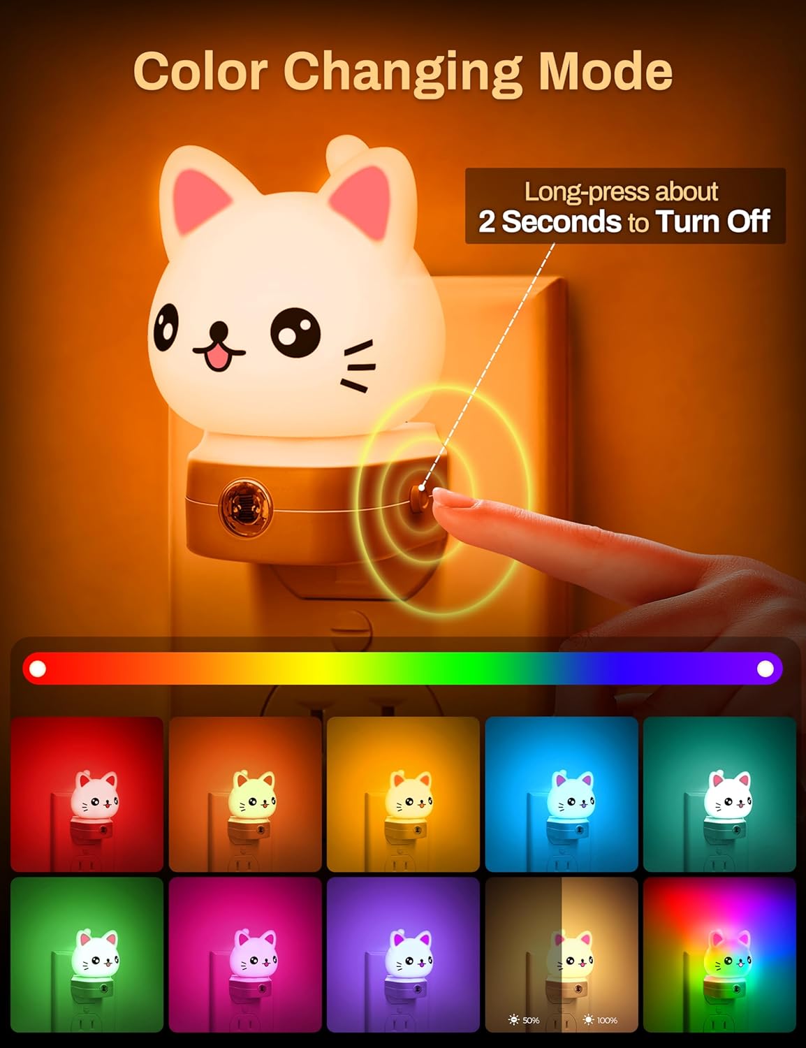 Cat Night Lights Plug Into Wall, Cute Night Light for Kids, 8-Color RGB LED Night Light with Dusk