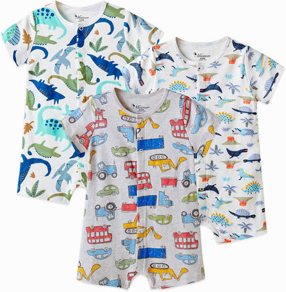 3-Pack 100% Cotton Baby Boy Rompers,0-24Months Short Sleeve Toddler Romper,Breathable Spring/Summer