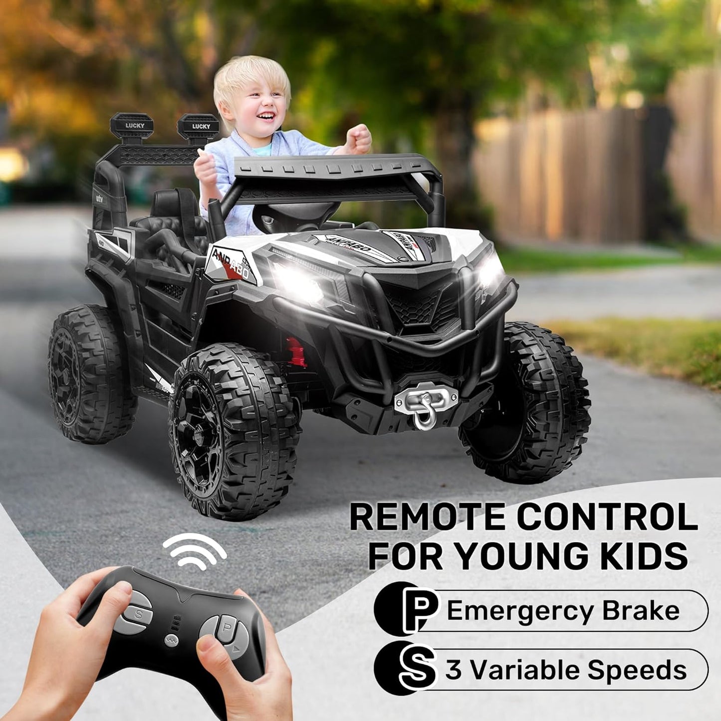 ANPABO 24V 4X4 Ride on Car Truck w/Remote Control, 4WD/2WD Switchable Kids UTV, 19" Spacious Seat