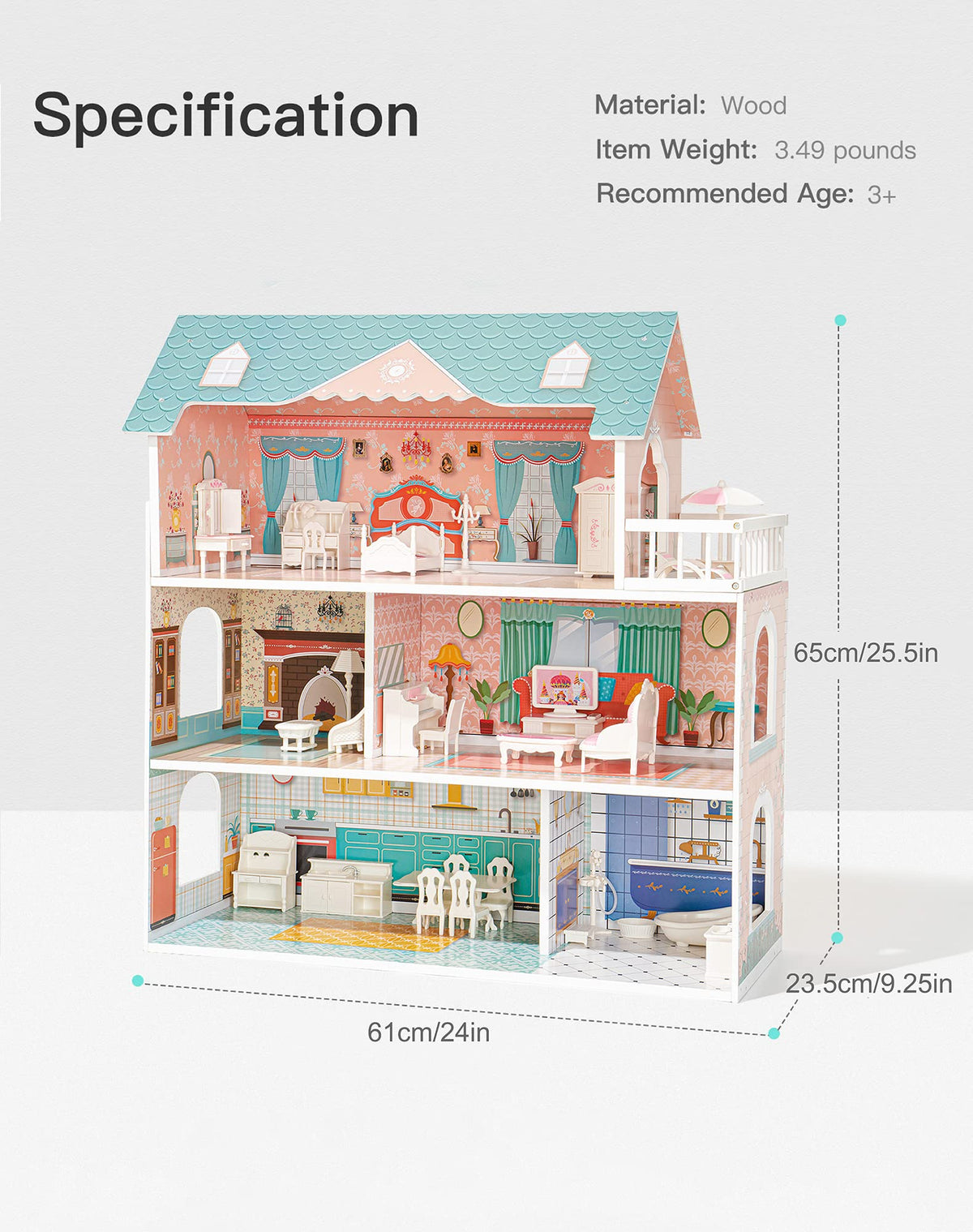 ROBOTIME Doll House Wooden Dollhouse for Kids 3 4 5 6 Years Old, Doll House w/28PCS Furniture