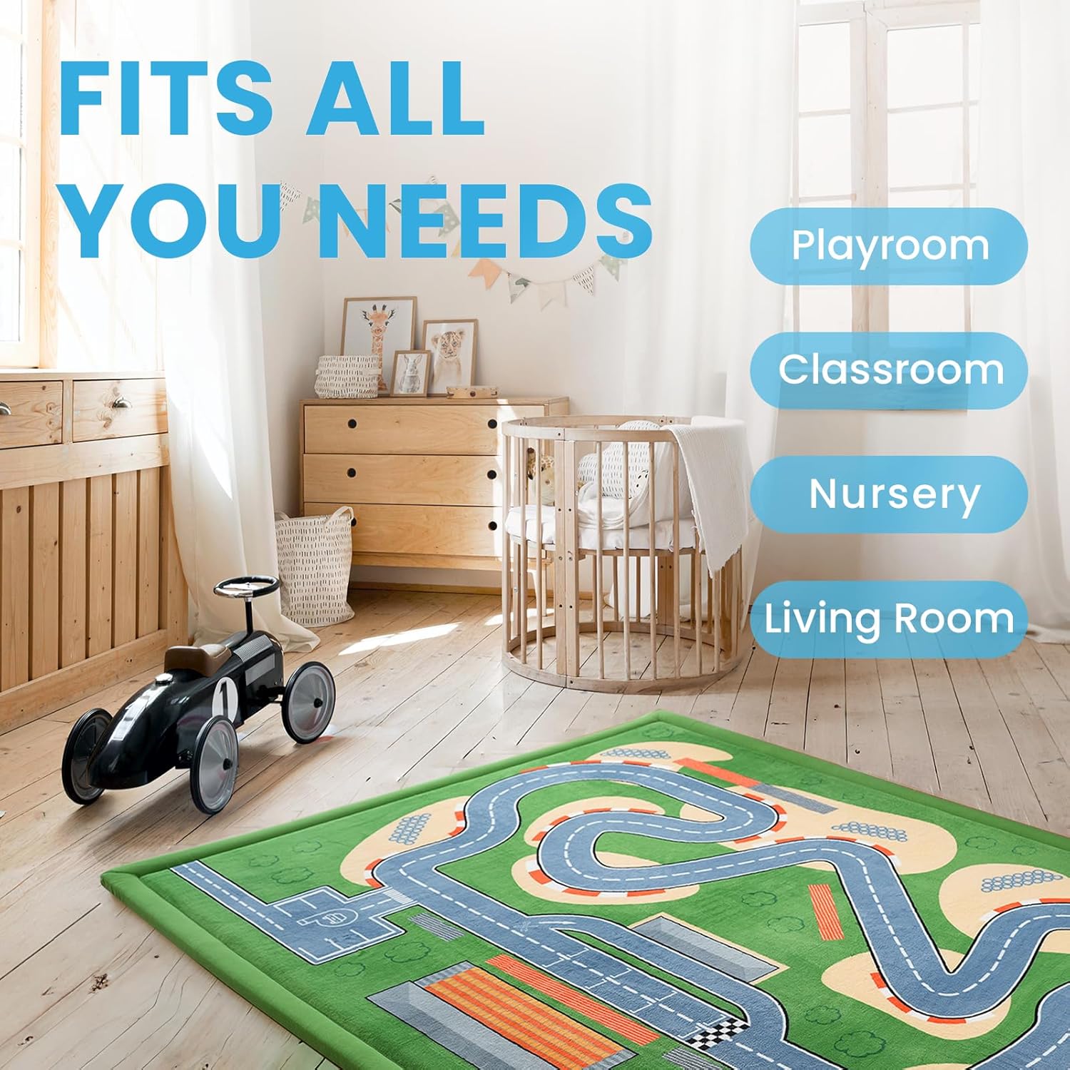Kids Play Rug with Roads, 79"×118" Large Floor Mat Toy Cars Race Track for Classroom 1.3" Thickened
