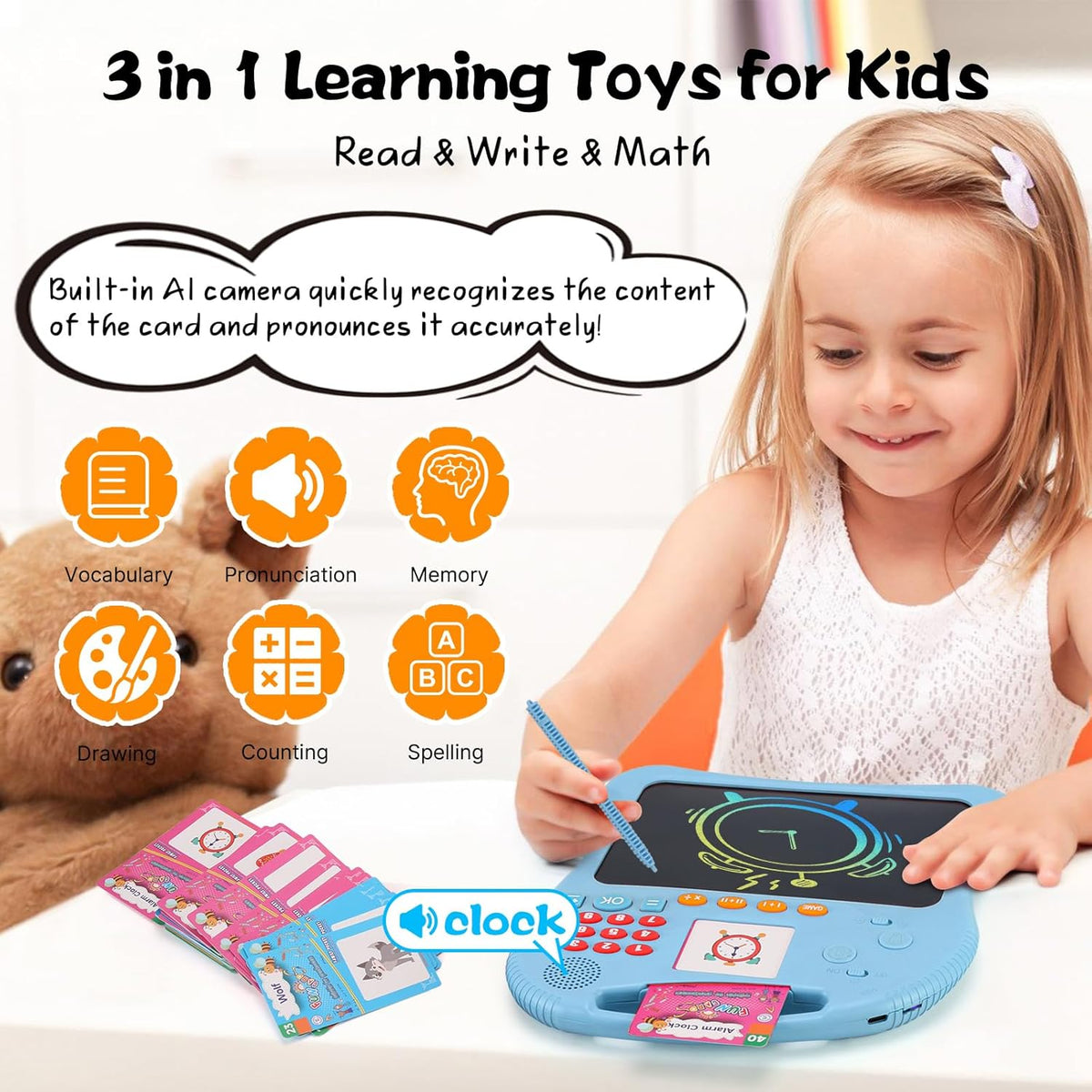 Kids Educational Learning Toys with Math Games,Talking Flash Cards and Writing Drawing Tablet