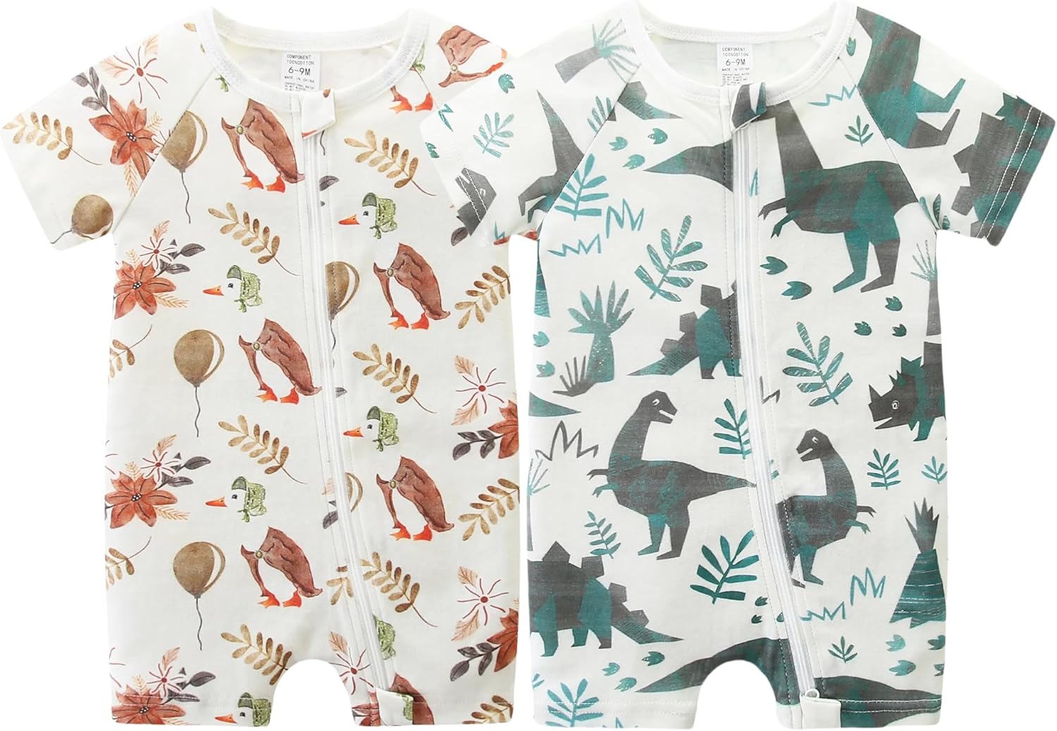 Unisex Summer Trendy 2-Pack Rompers Short Sleeve Zipped Bodysuit Infant Cotton Outfits