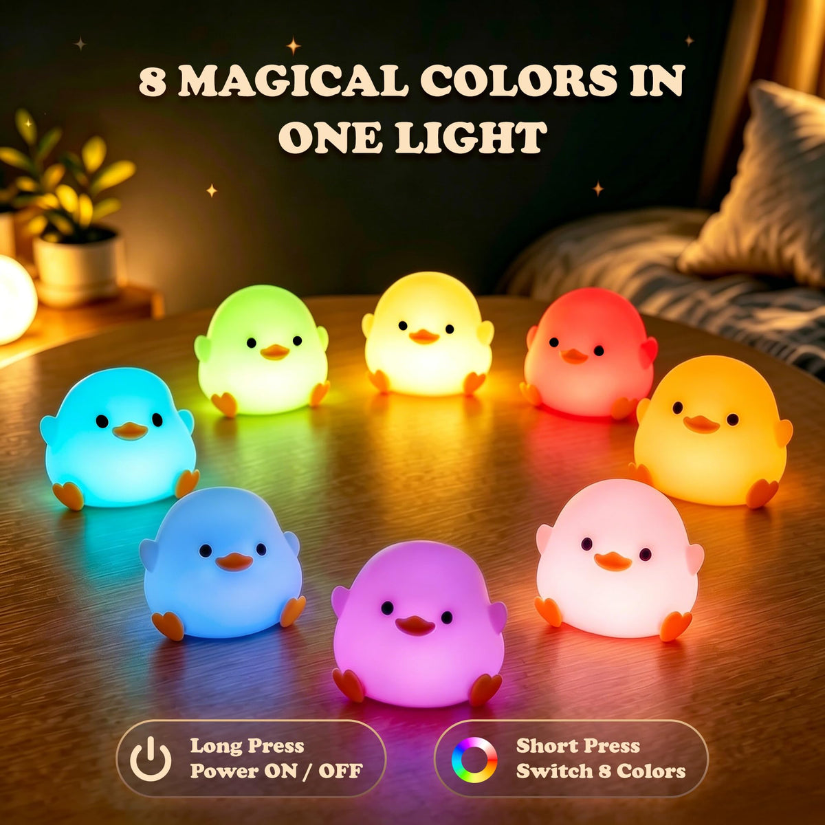 UNEEDE Mini Duck Night Light with Lanyard, 8 Color Changing Rechargeable