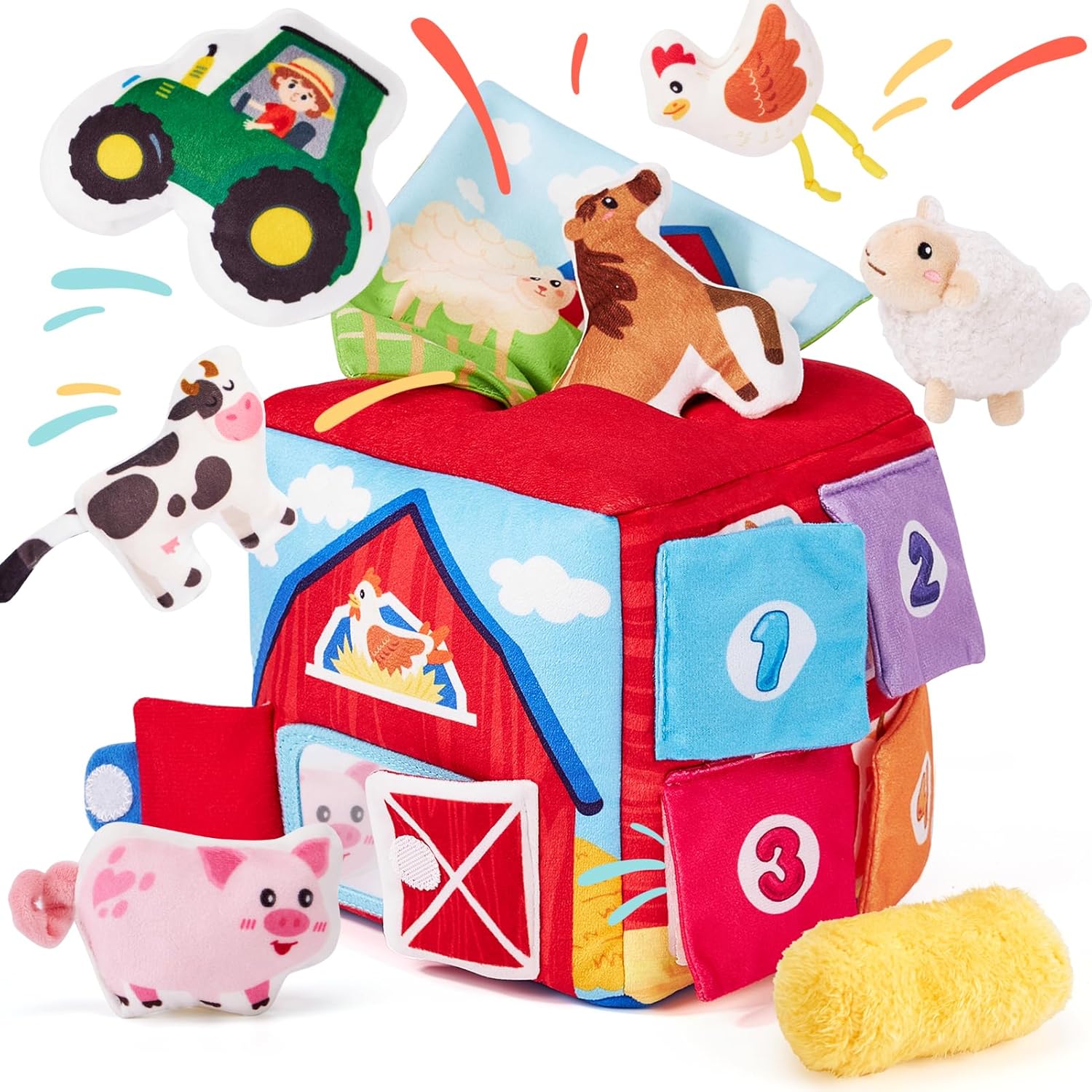 hahaland Baby Seek and Find Sensory Farm Animals Plush - 13 PCS Whats Inside Box with Rattle