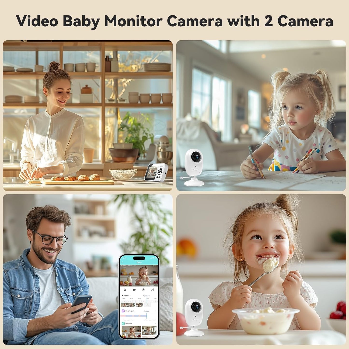 ebemate WiFi Video Baby Monitor with 2 Camera,2.8" Display with 1500Ft Long Range,WiFi On/Off,1080P
