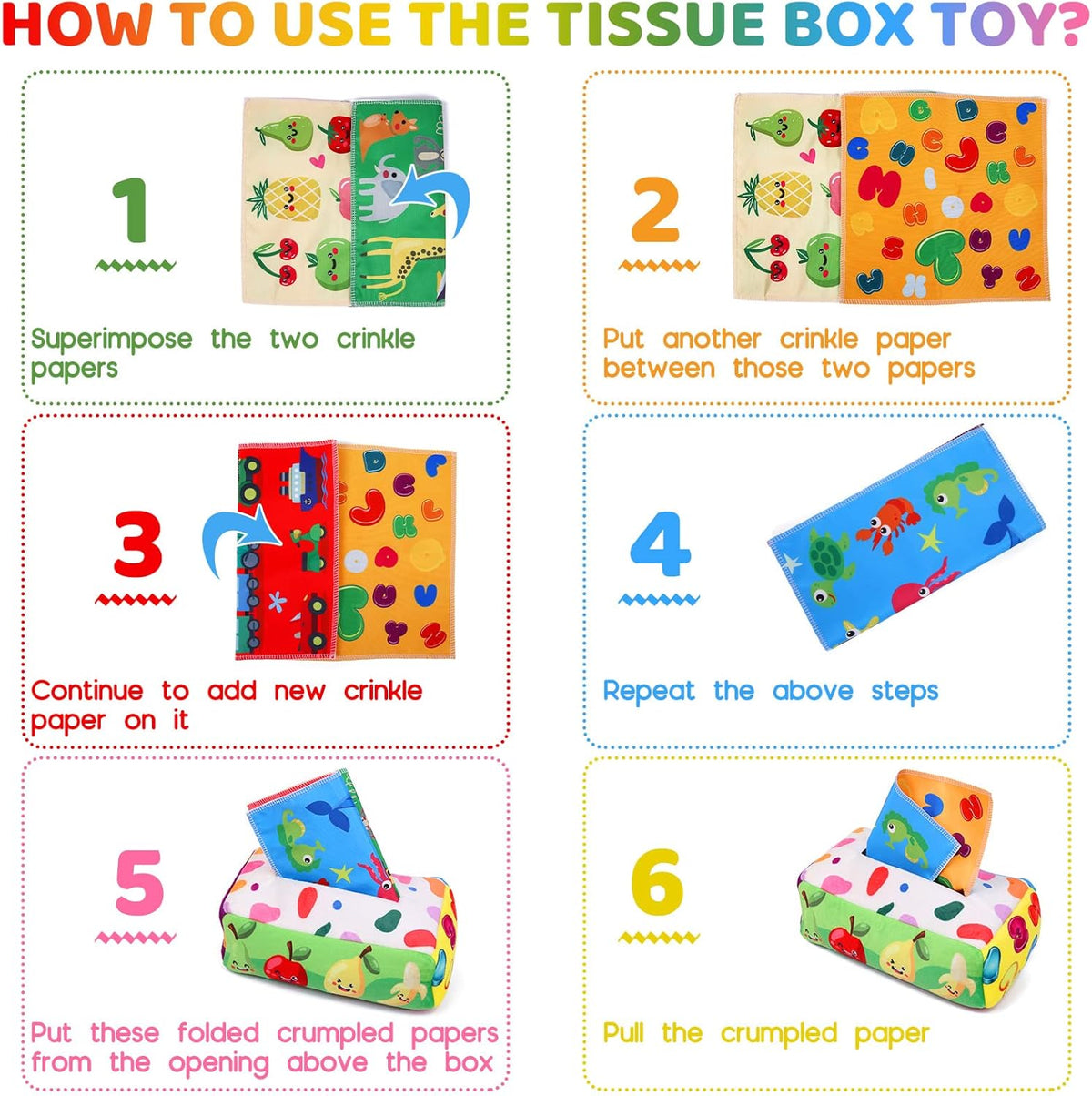 Baby Toys 6 to 12 Months - Tissue Box Toy Montessori for Babies 6-12 Months, Soft Stuffed High
