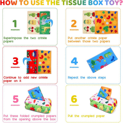 Baby Toys 6 to 12 Months - Tissue Box Toy Montessori for Babies 6-12 Months, Soft Stuffed High