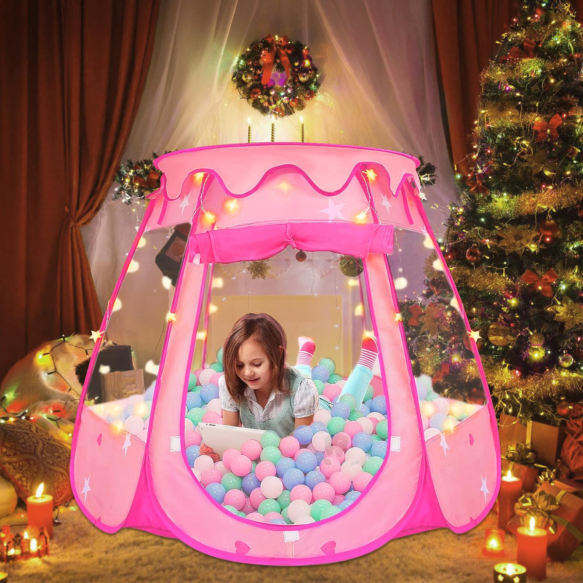 Pop Up Princess Tent with 50 Balls,Ball Pit with for Kid Girl Birthday Gift,Princess Toys for