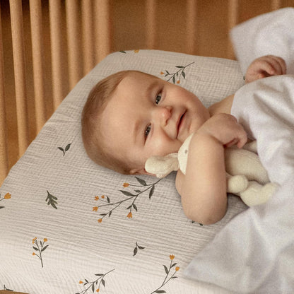 Gllquen Baby Muslin Mini Crib Sheets 3 Pack, Breathable Pack and Play Sheets Fitted Soft Cozy