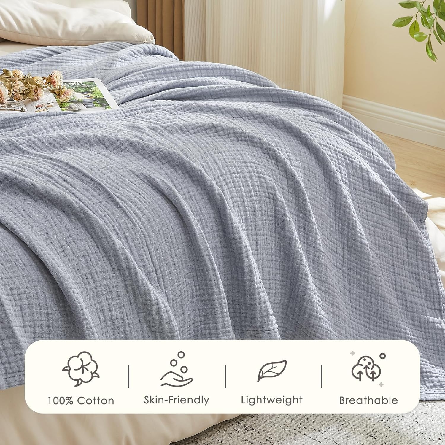 EMME Cotton Muslin Throw Blanket Couch Breathable Gauze Blanket Soft Lightweight Blankets Adults