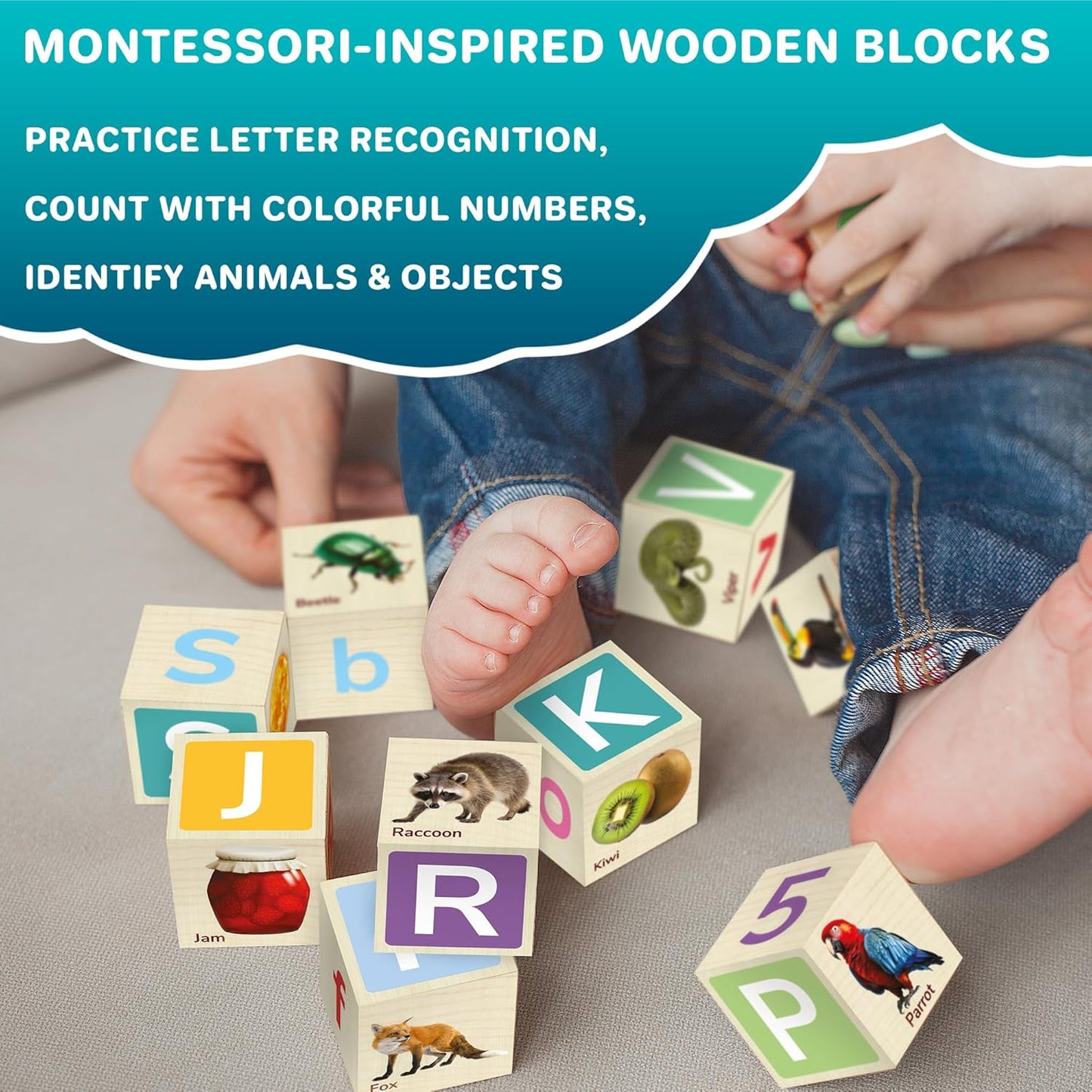 QUOKKA Montessori Wooden Blocks for Toddlers 1-3 - 35 Realistic ABC Learning Baby Blocks for Kids