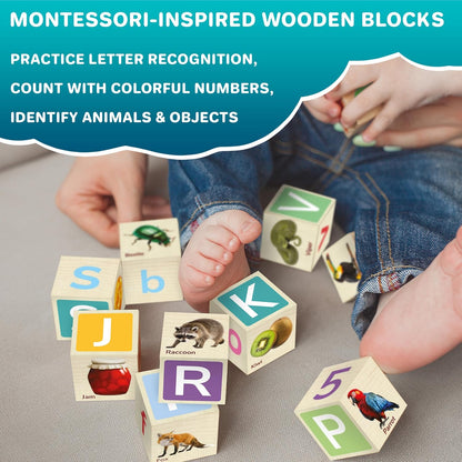 QUOKKA Montessori Wooden Blocks for Toddlers 1-3 - 35 Realistic ABC Learning Baby Blocks for Kids
