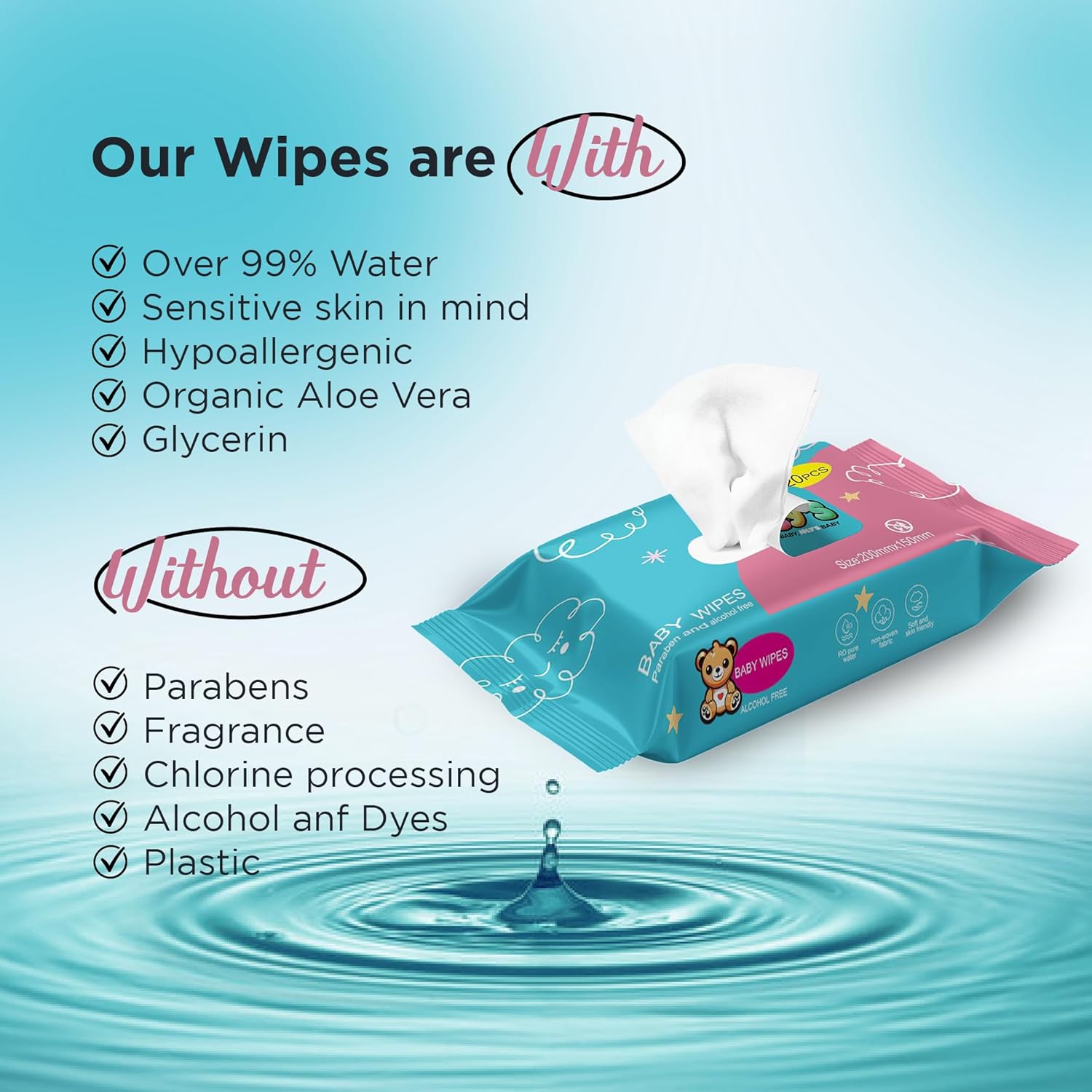 Ioly's Baby Wipes Unscented Wet Wipes 99% Water Based with Aloe Vera Fragrance Free Travel Pack 20