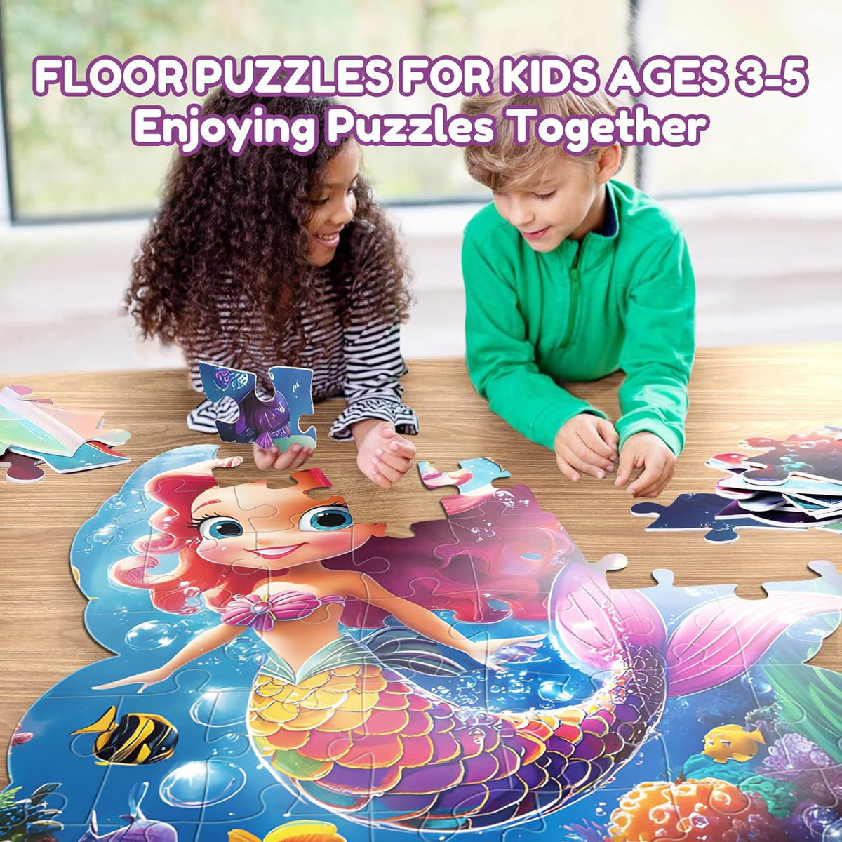 45pcs Unicorn & Mermaid Double-Sided Floor Puzzles, Ages 3-8, 27.6x32 In, Waterproof, EVA Material