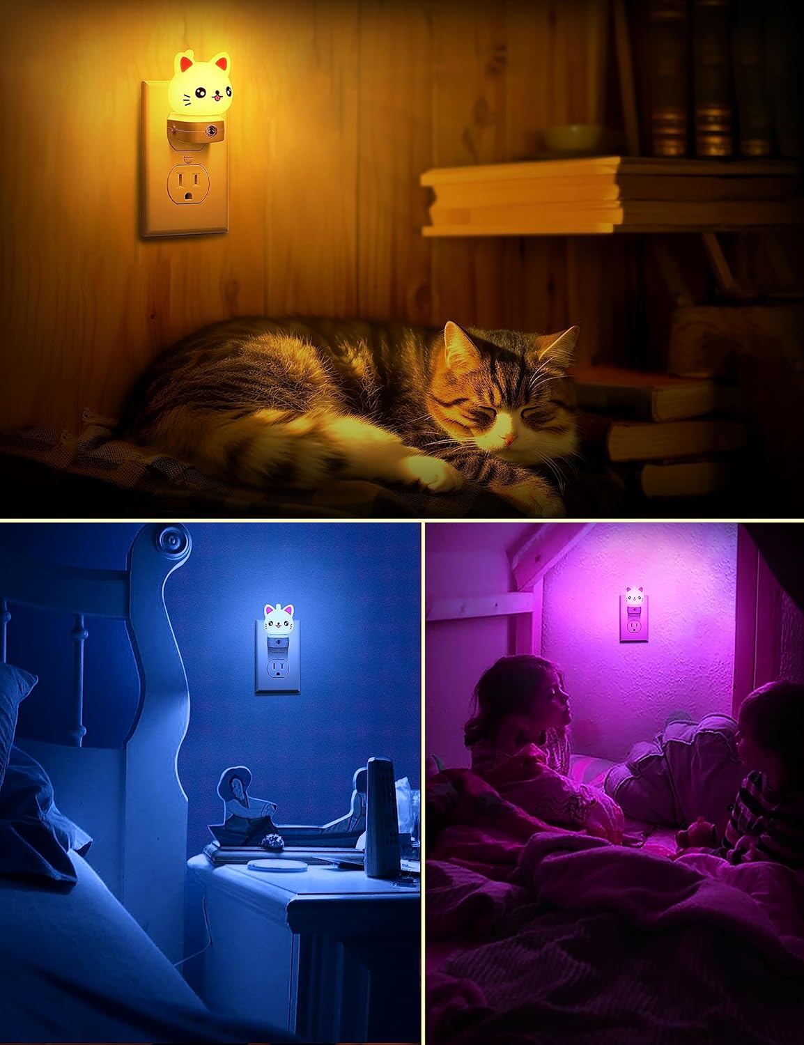 Cat Night Lights Plug Into Wall [2 Pack], Cute Night Light for Kids, 8-Color RGB LED Night Light