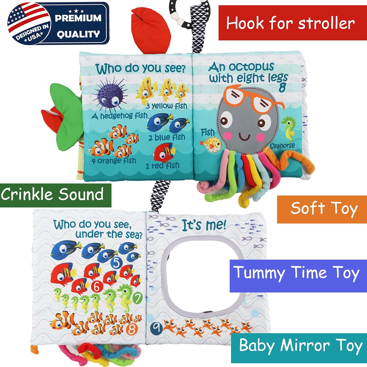 Fish Baby Book 0-6 Months,Touch Feel Cloth Crinkle Books for Babies,Infant Baby Toys 6-12