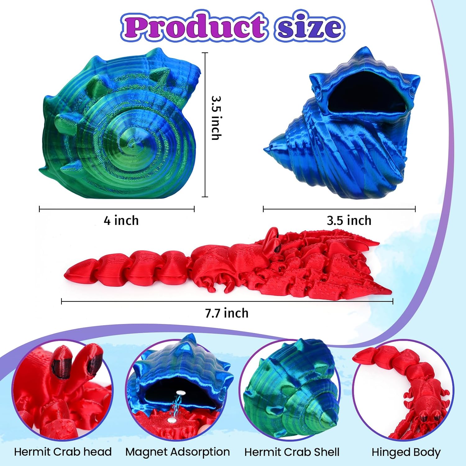 3D Printed Hermit Crab Fidget,3D Printed Dynamic Animals Toy,Full Articulated Flexible Crystal