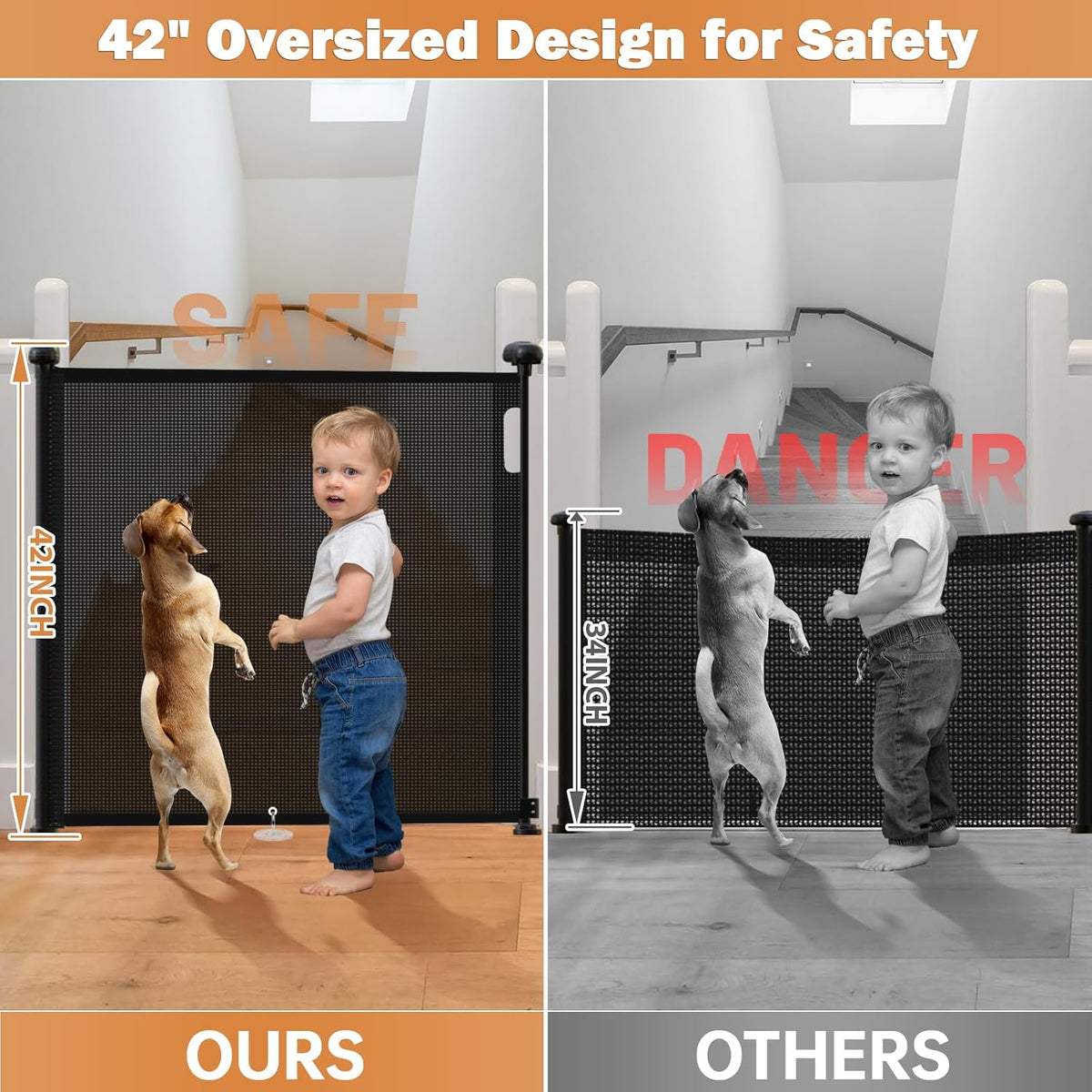 42" Extra Tall Retractable Baby Gates Dog Gate for Stairs, 55" Wide Mesh Baby Gate Pet Gate with