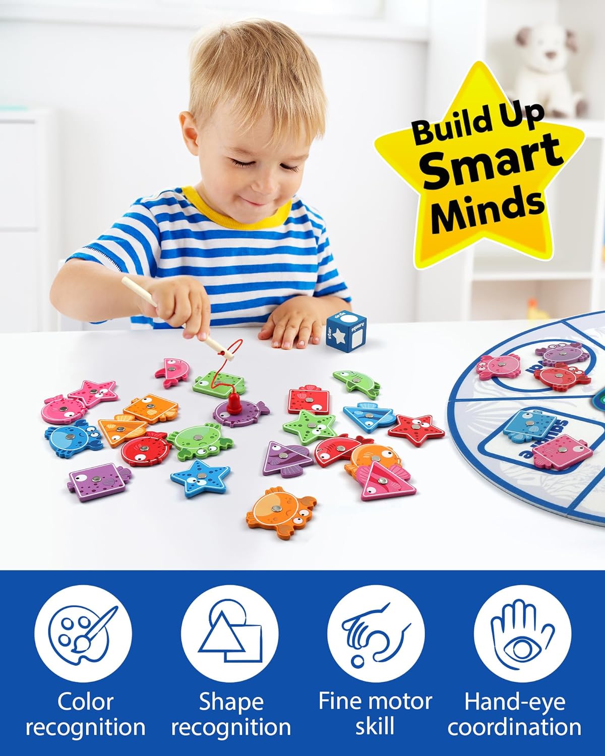 Coogam Montessori Toy for Toddlers, Fine Motor Skill Wooden Magnetic Fishing Game for Year Old