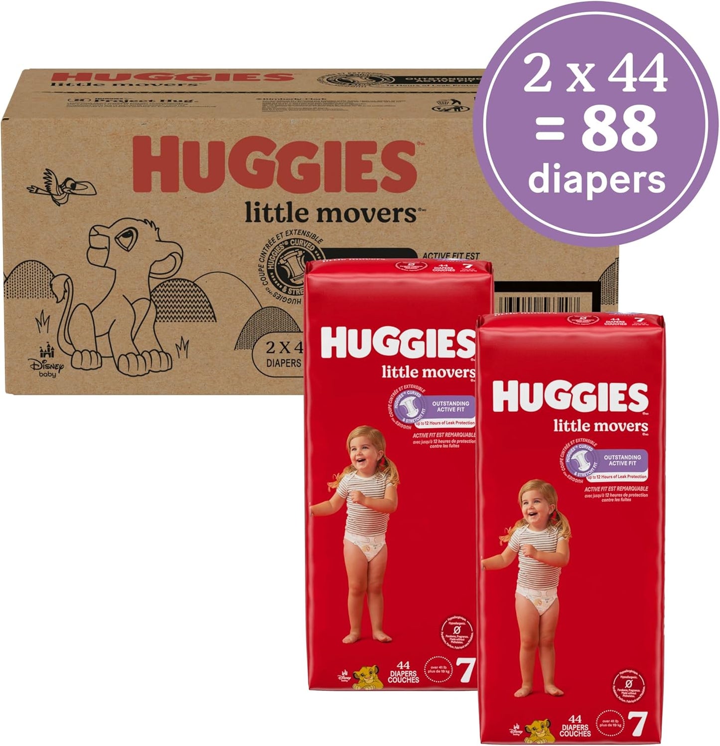 Huggies Size 7 Diapers, Little Movers Baby Diapers, Size 7 (41+ lbs), 88 Count (2 Packs of 44)
