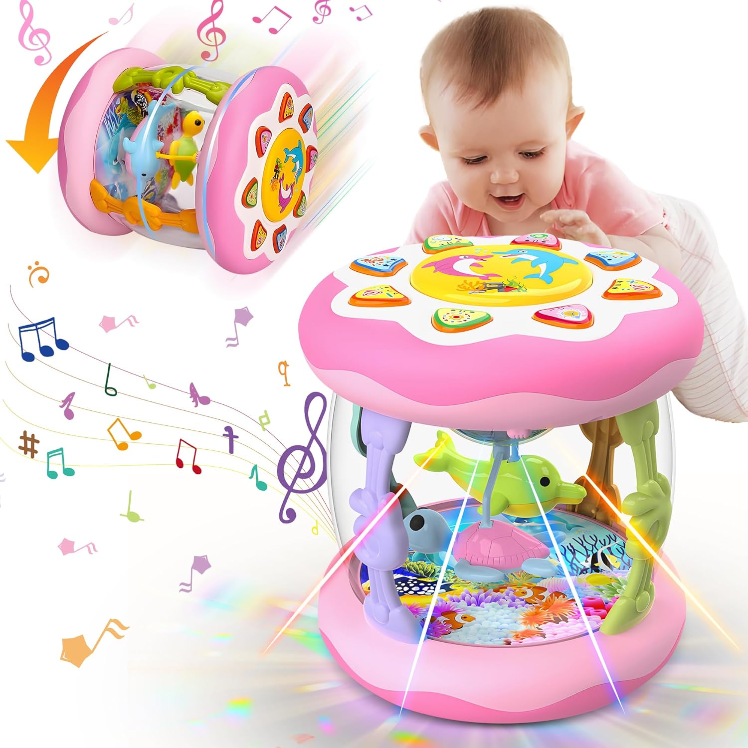 Baby Girl Toys 12 Months, Musical Rotating Light Up Infant Toys Tummy Time for Infant 12-18 Months
