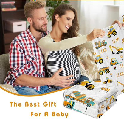 Personalized Truck Excavator Blanket with Name Cutsom Blanket for Baby Boy Car Lover Toddler Kids