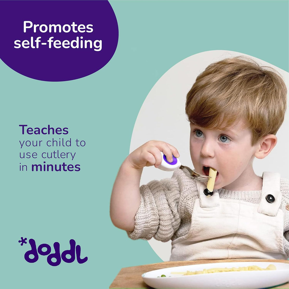 doddl Toddler Utensils, Ergonomic Fork and Spoon Set for Self Feeding, Stainless Steel Silverware