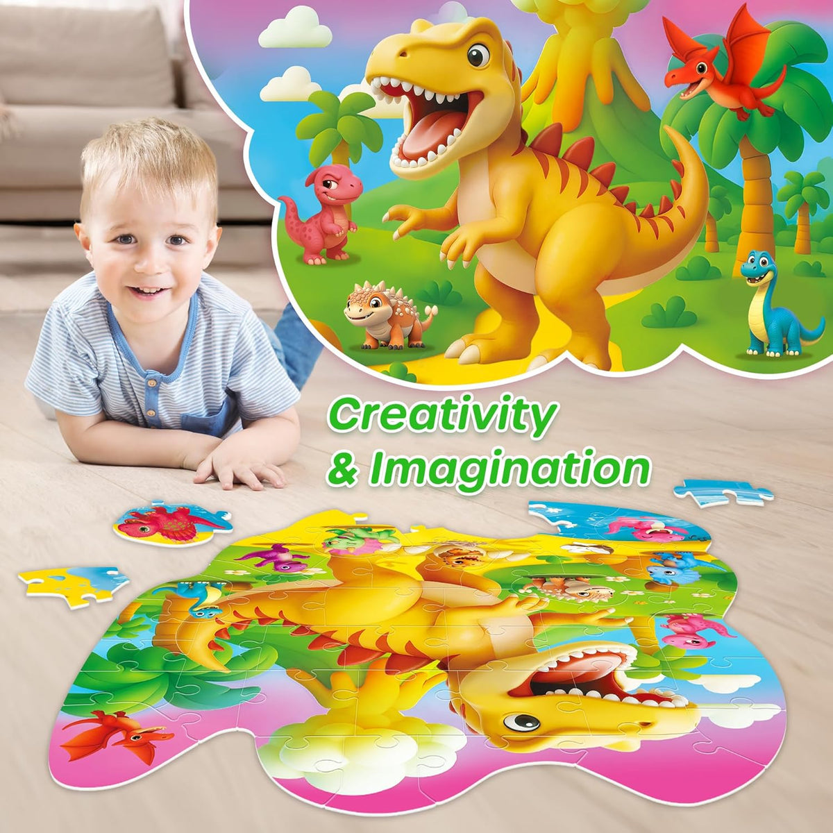 SYNARRY Dinosaur Floor Puzzles for Kids Ages 4-6, Large 45 Piece Floor Puzzles for Kids Ages 3-5