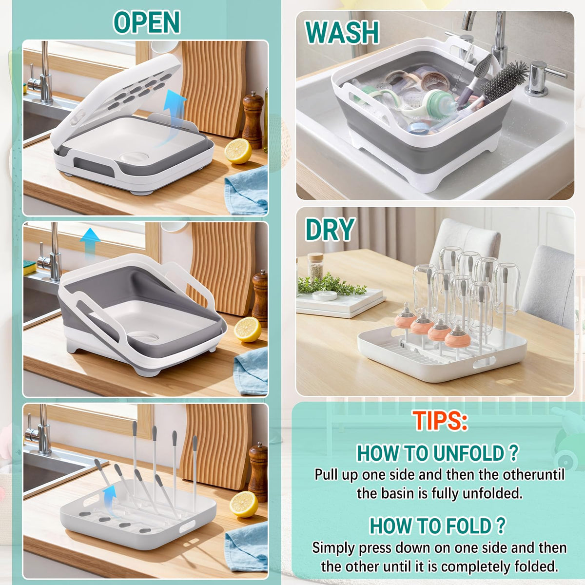 Yecuip Collapsible Baby Bottle Wash Basin w/Drying Rack & Drain Plug, Gray
