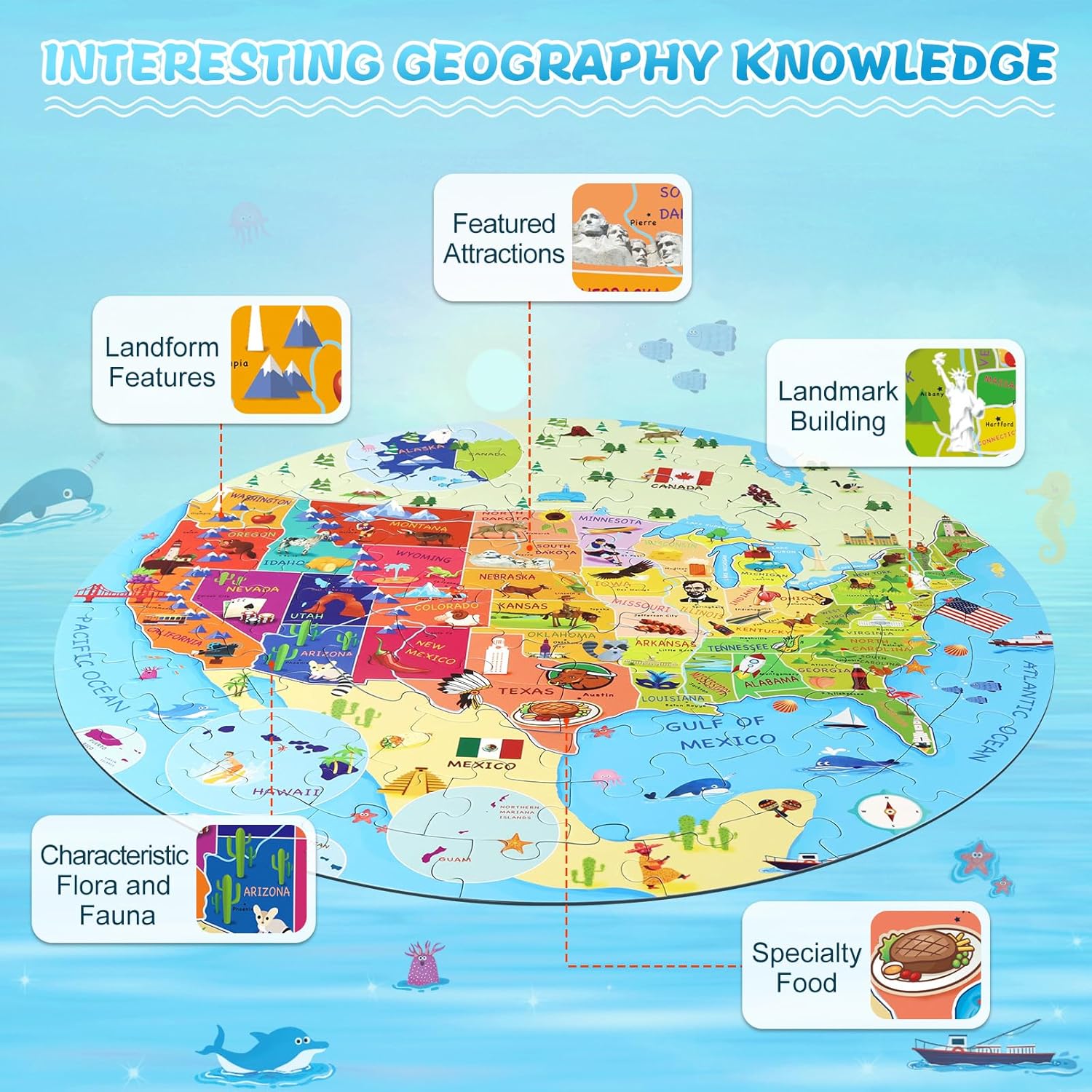 United States Puzzle 70 Pieces USA Map Floor Jigsaw Puzzles for Kids Ages 4-10, Jumbo Round US