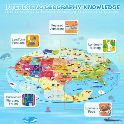 United States Puzzle 70 Pieces USA Map Floor Jigsaw Puzzles for Kids Ages 4-10, Jumbo Round US