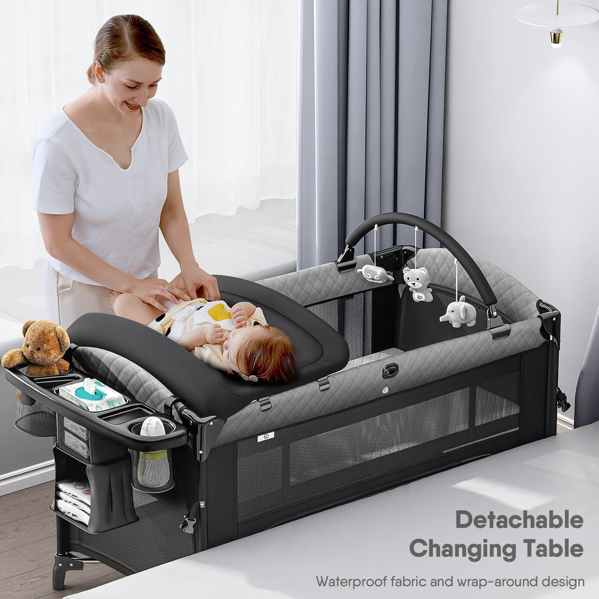 4 in 1 Baby Bassinet, Pack and Play, Bedside Crib Sleeper, Diaper Changer - Comes with Mattress